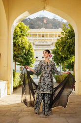 Women Navy Blue Muslin Floral & Embroidered Cut Work KurtaSharara & Dupatta set